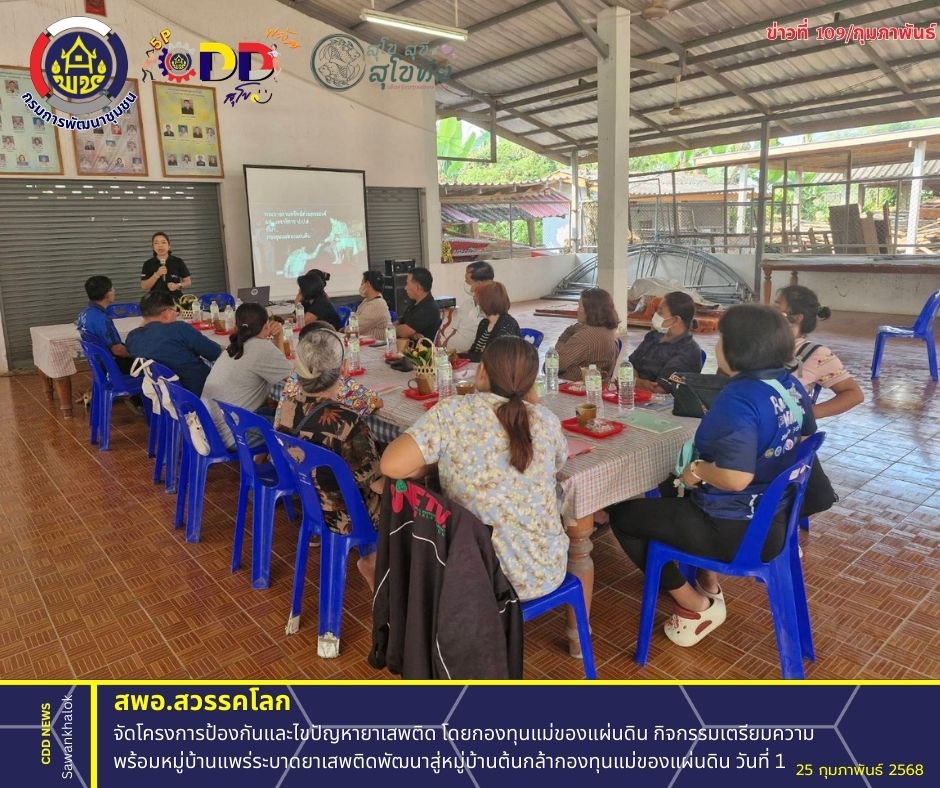 จัดโครงการป้องกันและไขปัญหายาเสพติด โดยกองทุนแม่ของแผ่นดิน กิจกรรมเตรียมความพร้อมหมู่บ้านแพร่ระบาดยาเสพติดพัฒนาสู่หมู่บ้านต้นกล้ากองทุนแม่ของแผ่นดิน วันที่ 1